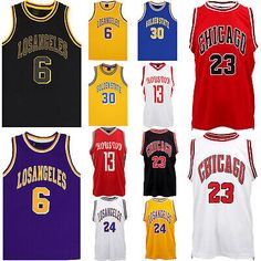 basketball jerseys in different colors and sizes, all with the number six on each jersey