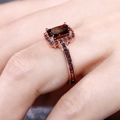 Jeulia "Delicious Coffee" Halo Emerald Cut Sterling Silver Ring - Jeulia Jewelry Chocolate Diamond Ring Engagement, Jeulia Jewelry, Chocolate Diamond Ring, Brown Diamond Ring, Silver Promise Rings, Garnet Engagement Ring, Brown Gemstone, Delicious Coffee, Chocolate Diamonds