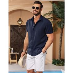 Men's Button Down Shirt Is Made Of Premium Linen Fabric, Which Is Lightweight, Breathable, Soft And Comfortable, And Anti-Shrinkage. Keeping You Cool And Comfortable All Day. Mens Linen Shirts Featuring A Spread Collar, Rolled Cuffs, Relaxed Fit, And Hidden Front Buttons For A Chic Look. Enjoy Your Leisure Time In This Nice Summer Beach Shirt. This Men's Beach Shirt Pairs With Solid Color T-Shirts, Shorts, Jeans, Slacks, A Hat And Sunglasses For The Perfect Beach Vacation Style. It's A Thoughtfu Men’s Summer Casual, Mens Honeymoon Outfits, Navy Shirt With Button Closure For Summer, Navy Button-up Shirt For Summer, Navy Collared Short Sleeve Shirt For Summer, Navy Collared Shirt For Summer, Casual Navy Shirt For Vacation, Casual Chic Outfit Men, Blue Business Casual Shirt For Summer