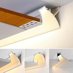 four different angles of a light fixture with wood and metal trims on the ceiling