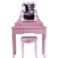 a pink vanity table with a stool and mirror on it's sides, in front of a white background