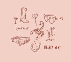 an image of various items that are in the shape of a handwritten font on a pink background