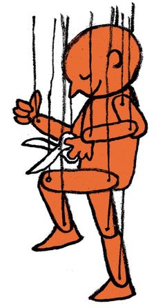 an orange man sitting on top of a chair with scissors in his hand and threading