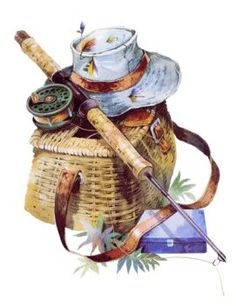 a watercolor painting of a hat, cane and other items in a wicker basket