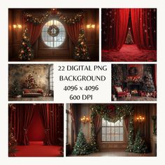 christmas decorations and red drapes are featured in this collage with the words, digital png background