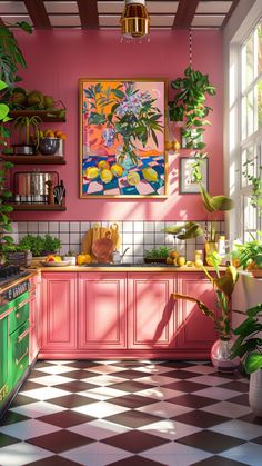 a kitchen with pink walls and flooring has potted plants on the counter top