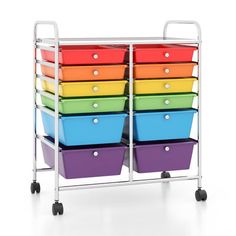 multicolored plastic storage bins with wheels