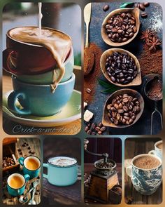 there are many different pictures with coffee in them