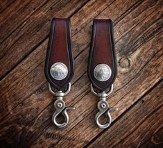 pair of scissors on wooden table with metal handles and leather strap, showing the clasps