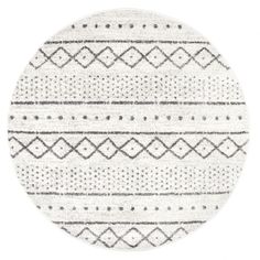 a round rug with black and white stripes