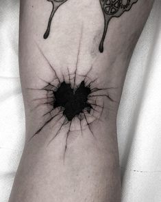 a black hole in the side of a mans leg that has been broken and is showing it's inner workings