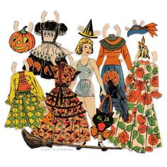 an assortment of paper dolls with pumpkins and witches on them, all dressed up