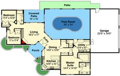 this is the first floor plan for these house plans, which include an indoor swimming pool