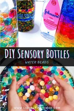 someone is holding their hands in front of some water beads and bottles with the words diy sensory bottles on them