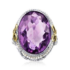 Ross-Simons - C. 1950 Vintage 10.50ct Amethyst, Seed Pearl Filigree Bow Ring Size 5. C. 1950. Presented by our Estate collection, this sumptuous Retro-era ring commands the attention of others with a sizable 10.50 carat amethyst, and keeps them engaged with intricate, supplementary detailing. Features a roped edge, shiny halo of pretty seed pearls and 14kt yellow gold filigree bows, completing the design with charm. Crafted in 14kt white gold. 7/8" wide. Seed pearl and amethyst filigree bow ring Amethyst Birthstone, Retro Era, 1950 Vintage, Bow Ring, Fine Jewelery, Oval Ring, Oval Rings, Gold Filigree, Seed Pearl