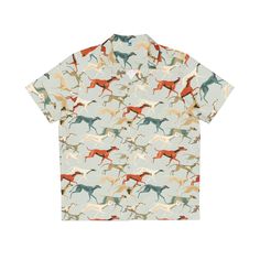 Transport yourself to a tropical paradise with our exquisitely designed Hawaiian shirt, featuring an eye-catching multicolor greyhound pattern that's as lively as it is stylish. Whether you're headed to a beachfront luau, a casual day out, or simply want to infuse some vacation vibes into your wardrobe, this shirt is your ideal companion. The multicolor greyhound motif embodies the spirit of these elegant creatures, adding a touch of grace and playfulness to your attire. Each hue captures a different facet of their beauty, from sleek greys to vibrant splashes of color, making this shirt a true work of art. Crafted from lightweight, breathable fabric, this shirt keeps you comfortable in the warmest of climates. Its relaxed fit and classic Hawaiian cut ensure freedom of movement, while the b Patterned Camp Collar Shirt With All Over Print, Fitted Printed Short Sleeve Shirt For Vacation, Fitted Printed Camp Shirt For Beach, Fitted Printed Camp Shirt For The Beach, Fitted Short Sleeve Shirt With Camp Collar And Print, Fitted Printed Hawaiian Shirt With Camp Collar, Fitted Hawaiian Shirt With Graphic Print And Camp Collar, Fitted Camp Shirt With Printed Camp Collar, Fitted Printed Camp Shirt With Camp Collar