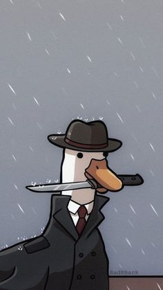 a duck dressed in a suit and hat with a knife sticking out of it's mouth