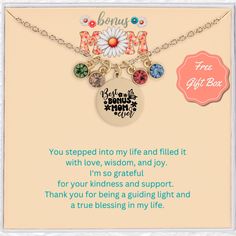 Personalize this necklace for your bonus mom with her bonus children's birthstones, creating a meaningful gift that celebrates the love and joy of family. Highlights 👁️Designed by BreezyGemsStudio 🌟Materials: 18k Gold Plated, .925 Sterling Silver Plated, Stainless Steel Base 🦞Closure: Lobster Claw Clasp 📿Chain style: Cable 📐Length Options: 16", 18", 20", & 24" 🪞Style: Minimalist 🖊️Can Be Personalized 💎Pendant & Birthstone Sizes:  Main Pendant 20mm, Mini 10mm, Birthstone 6mm 🫰Made to Order 🎁Free Gift Box and Notecard With Every Order 🚫Lead & Nickel Free HOW TO ORDER: 1.   Select Size & Finish:  Choose necklace options from the drop-down menu.  2.  Pick Birthstone:  Select your desired month from the drop-down menu.  3.  Personalization:  Type NAME in the "personalization" box. 4. To My Bonus Mom, Bonus Mom Gifts, Bonus Mom, Personalized Pendant, Mom Necklace, Birthstone Charms, Mom Birthday, Mom Birthday Gift, Custom Necklace