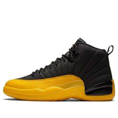 The Nike Air Jordan 12 Retro "University Gold" features a two-tone color scheme with a black leather upper and bright yellow mudguard with lizard patterns. The vibrant yellow extends to the entire length of the sole. (SNKR/High Top/Basketball) Neon Yellow Leather Sneakers With Branded Insole, Yellow Leather Sneakers With Textured Sole, Yellow Leather Sneakers For Outdoor, Yellow Jordans, Air Jordan 12, Air Jordan 12 Retro, Jordan 12 Retro, Jordan 12, Jordans 12