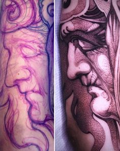 two different images of the same person's arm with tattoos on them, one is showing