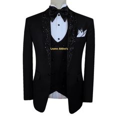 Dapper sophistication meets handcrafted elegance in our Black Designer Tuxedo Suit. 🌟 Made from premium Italian wool, this lightweight ensemble ensures comfort without compromising style. Black Designer Tuxedo, Shirt And Waistcoat, Unique Tuxedos, Wedding Suits Men Blue, Tuxedo Tie, Designer Tuxedo, Indian Groom Dress, Designer Shawl, White Pocket Square