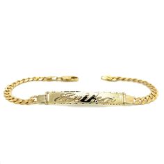 Cherish the Moment with our 14k Yellow Gold Women's Cuban Link ID Bracelet: Crafted in the timeless Solid Cuban Link style, this bracelet is a symbol of Elegance and Love. We believe in the power of personalization. Your chosen name is expertly cut from solid 14k Gold and elegantly overlaid on the bracelet, creating a one-of-a-kind accessory. Additionally, you have the option to engrave a significant date on the back of the nameplate, transforming this bracelet into a cherished keepsake.  Whethe Cheap Personalized Gold Name Bracelet, Id Bracelet Women, Heirloom Yellow Gold Jubilee Bracelet, Luxury Engraved Round Bracelets, Elegant Engraved Bracelet For Formal Occasions, Engraved Yellow Gold Bangle Bracelet, Heirloom 14k Gold Round Bracelets, Heirloom 14k Gold Bracelets, Heirloom 14k Yellow Gold Bracelets