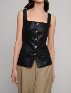 Chic black vegan leather square neckline vest top with decorative gold button front. Brand Pixie Market 100% faux leather Fits true to sizePlease take your usual sizeSize XS bust 32" waist 26" length 23"Size S bust 34" waist 28" length 23"Size M bust 36",waist 30" length 24"Size L bust 38", waist 32" length 25"Model is wearing a size SmallImported Elegant Fitted Tank Top With Buttons, Elegant Leather Tops For Formal Occasions, Elegant Leather Formal Tops, Chic Buttoned Tank Top, Elegant Formal Leather Tops, Fitted Tops With Gold Buttons For Workwear, Fitted Fall Tank Top With Button Closure, Fitted Tank Top With Button Closure For Fall, Chic Fitted Leather Vest