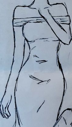 a drawing of a woman's torso in black and white, with one hand on her hip