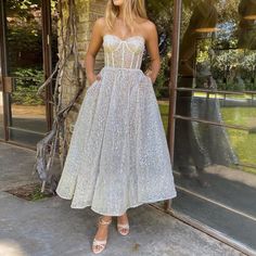 Shimmer Ivory A Line Boning Tea Length Prom Gown With Pockets Short Evening Dresses, Tea Length Wedding, A Line Evening Dress, Prom Dresses With Pockets, Prom Dresses Gowns, Graduation Dresses, Evening Dresses Short