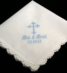 "Simply elegant fine cotton handkerchiefs are a truly necessary indulgence for the bride. They make the perfect wedding keepsake, or your something blue. This hanky measures 12\" square and is edged with cotton crochet lace. Choice of thread colors. Pictured with light blue embroidery. Colors could vary slightly as each monitor is a little different. To see complete line of handkerchiefs use this link: http://www.etsy.com/shop/jfyBride For more monogrammed bridal accessories & veils follow t Classic Personalized Wedding Handkerchiefs, Cotton Handkerchiefs With Lace Trim For Wedding, Blue Cotton Handkerchiefs For Wedding, Embroidered Hankerchief, Light Blue Embroidery, Wedding Hankerchief, Bridal Handkerchief, Personalized Handkerchief Wedding, Monogram Robes