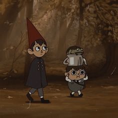 two cartoon characters walking in the woods with one carrying a bag on his head and the other carrying a backpack