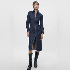 Midi Dress Made Of 100% Cotton. Lapel Collar And Long Cuffed Sleeves. Front Metal Zip Closure. Long Sleeve Denim Dress, Knit Wrap Dress, Denim Midi Dress, Denim Shirt Dress, Green Midi Dress, Midi Shirt Dress, Mid Dresses, Midi Maxi Dress, Knit Midi Dress