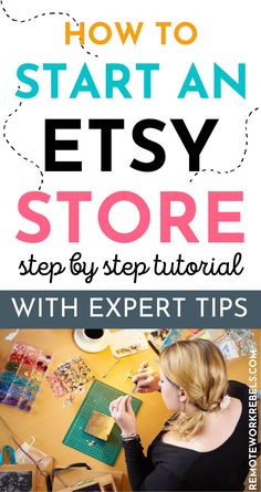 a woman sitting at a desk working on crafts with the title how to start an etsy store