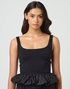 This sleeveless top features a puff peplum bottom and a full length. Peplum Top, Sleeveless Top, Full Length, Knitwear, Women's Fashion, Top Outfits, Clothes, Black