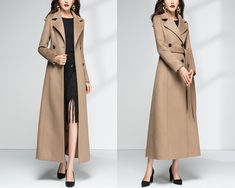 * A long woolen coat, A-line shape, warm and comfortable. * With a long belt, you can tie it what way you like. * Fully lined with two side pockets, closure with buttons. * Coat dress shape,make you look more taller and slimmer. * Material: out shell - 50% wool, 50% polyester; lining - 100% polyester * Care: dry cleanable * Shop sizing chart FYI ( made according to US sizing. actual body figures, not laying flat clothes measurements) Size XS (US 2, UK 6, German 32, French 34, ) Bust: fits bust a Long Wool Coat For Office, Coat Belt, Belt Coat, Full Length Coat, Wool Coat Women, Dress Winter, Wool Trench Coat, Body Figure, Maxi Coat