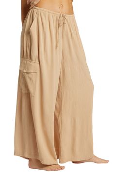 A lightweight crinkle fabric adds airy ease to slouchy wide-leg cargo pants topped with a comfortable elastic-drawstring waist. 27 1/2" inseam; 26" leg opening; 13" front rise; 14" back rise (size Medium) Elastic/drawstring waist Front slant pockets; cargo flap-patch pockets 100% viscose Machine wash, tumble dry Imported Wide Leg Cargo Pants, Crinkle Fabric, Sports Blazer, Hair Fragrance, Sweaters And Leggings, Inspiration For Kids, Beach Babe, Toddler Girl Outfits, Comfortable Dress