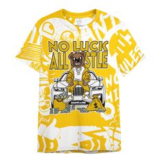 Brand Dunkare Dunkare Vivid Sulfur 4s Shirt - So Unlucky Bear Monogram Graffiti Shirt Unisex Casual Yellow T-shirt With All Over Print, Streetwear Crew Neck Shirt With All Over Print, Streetwear Shirt With All Over Print And Crew Neck, Crew Neck Shirt With All Over Print For Streetwear, Yellow Casual Shirt With All Over Print, Casual Yellow Shirt With All Over Print, Yellow Graphic Print Sublimation Design For Sports, Yellow Cotton Top With All Over Print, Sports Graffiti Print Short Sleeve T-shirt