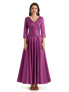 orchid Spring V-neck Satin Dress For Gala, Spring Gala Satin V-neck Dress, Satin V-neck Dress With Pleated Back, Spring Solid V-neck Satin Dress, Formal Stretch Satin Dress For Spring, Spring Formal Stretch Satin Dress, Satin Long Sleeve, Bridesmaid Dresses Online, Satin Bridesmaid Dresses