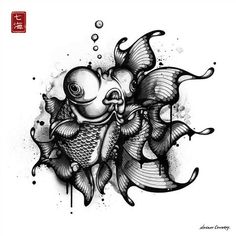 an ink drawing of a fish with bubbles