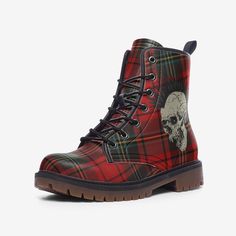 Punk Boots Skull Red Black Tartan Style Vegan Leather Lace Up Combat boots Goth Punk Boots Goth Shoes Punk Shoes Scottish Plaid Tartan Rubber sole Faux Leather Padded collar for added comfort Lace-up front Wide Fit PROCESSING : -Your Boots are made to order, meaning we print them special just for you when your order is placed. Please allow 2 - 7 business days for us to print your Boots. -The average shipping time is 7 - 20 business days depending on the delivery destination. Tartan Shoes, Boots Goth, Rock Boots, Black Tartan, Goth Shoes, Punk Shoes, Punk Boots, Scottish Plaid, Lace Up Combat Boots