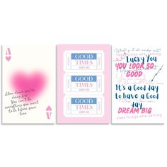 three cards with pink and blue writing on them, one has a heart in the middle