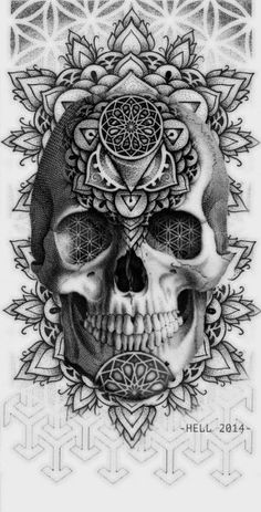 a drawing of a skull with an intricate design on it's face and head