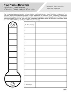 Play therapy is a therapeutic approach that uses play and creative activities as a means for children to express and process their feelings and experiences to address a variety of emotional and behavioral issues. This Emotion Thermometer Worksheet will help your clients identify what makes them feel most happy and most unhappy. Our Play Therapy Emotion Thermometer Worksheet PDF (Editable, Fillable, Printable) is perfect for counselors, psychologists, psychiatrists, social workers, therapists, and other mental health professionals.

This Play Therapy Emotion Thermometer Worksheet PDF can be downloaded and used with all your clients, giving them the ability to fill it out on a digital device and print it out for creating illustrations.
This template is part of the Play Therapy Worksheets Bun Gestalt Therapy Activities, Feelings Thermometer Printable, Telehealth Therapy Activities For Kids, Emotion Thermometer, Logo Therapy, Distress Tolerance Worksheets, Play Therapy Activities, Couples Therapy Worksheets, Anger Management Worksheets