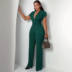 Olivia Mark - Solid Color Cinched Waist Jumpsuit Dark Green Jumpsuit, Green Jumpsuit, Brown Outfit, Cinched Waist, Olivia Mark, Waist Belt, Dressmaking, Dark Green, High Waist