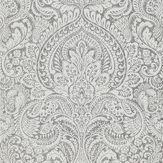 Artemis Silver Floral Damask Wallpaper from the Lustre Collection by Brewster Home Fashions A Street Prints, Floral Damask, Metallic Wallpaper, Damask Wallpaper, Scale Design, Woven Wallpaper, White Backdrop, Burke Decor, Geometric Wallpaper