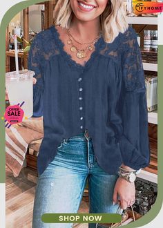 Blue V Neckline Lace Shoulder Patchwork Blouse Patchwork Blouse, Evening Blouses, Patch Work Blouse, Brocade Blouses, Flare Long Sleeve, Vintage Flare, Chiffon Long Sleeve, Summer Blouses, Floral Print Blouses