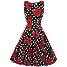 This vintage Audrey Hepburn-inspired A-Line swing dress featuring a full skirt and an o-neck is a true fashion classic. Made with a polyester & cotton blend and falling just below the knee this look can be rocked in or out of the office with the lovely polka dot and red rose overlay pattern. Rockabilly Cowgirl, Autumn Costume, Rockabilly Dresses, Vintage Print Dress, Feminine Dresses, Vestidos Retro, Vintage Party Dresses, Shabby Chick, Womens Fashion Casual Fall