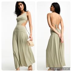 Asos Design Asymmetric Strappy Midi Dress With Cut Out Side In Sage Do Get Caught Wearing It Twice Strappy Design Asymmetrical Neck Lace-Up Back Size 6 Nwt Backless Summer Midi Dress With Side Slits, Summer Backless Midi Dress With Side Slits, Spring Halter Neck Maxi Dress With Cutout, Spring Backless Cutout Maxi Dress, Spring Cutout Halter Neck Maxi Dress, Spring Cutout Backless Maxi Dress, Summer Halter Neck Dress With Side Slits, Cutout Backless Dress For Day Out, Casual Backless Maxi Dress For Night Out