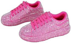 Pink Embellished Sneakers With Round Toe, Casual Pink Sneakers With Rhinestones, Pink Low-top Bling Sneakers, Pink Bling Low-top Sneakers, Pink Rhinestones Sneakers In Synthetic, Pink Bedazzled Low-top Sneakers, Pink Rhinestone Party Sneakers, Silver Bedazzled Low-top Sneakers, Pink Sparkling Sneakers With Round Toe