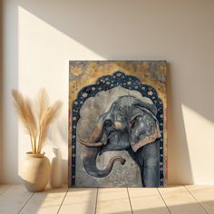 an elephant with tusks stands in front of a painting on the wall next to a potted plant